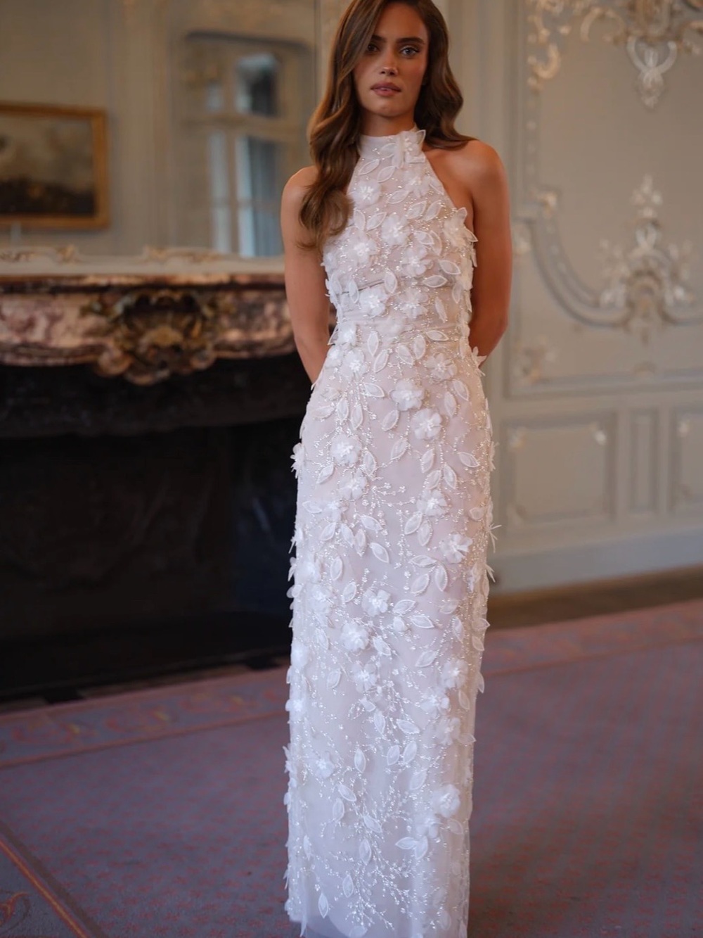 Halter Floral-Appliqué White Maxi Dress